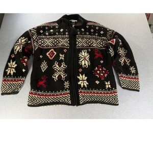 Vintage Le Moda Wool Fair Isle Full Zip Cardigan Sweater Black Red XL Nordic